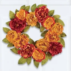 Collections Etc Artificial Fall Peony Hanging Door Wreath