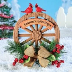 Collections Etc Hand-Painted Holiday Wagon Wheel Decorative Garden Stake 12 X 3.75 X 18