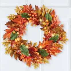Collections Etc LED Lighted Autumn Colorful Leaves Wreath