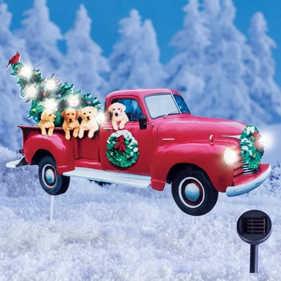 Collections Etc Solar Red Holiday Truck And Puppies Metal Yard Stake 3 Collections Etc Solar Red Holiday Truck And Puppies Metal Yard Stake