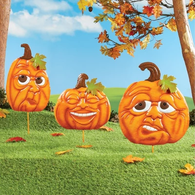 Collections Etc Hand-Painted Expressive Pumpkins Yard Stakes - Set Of 3 3 Collections Etc Hand-Painted Expressive Pumpkins Yard Stakes - Set Of 3