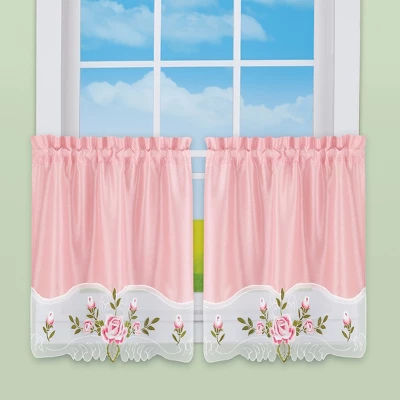 Collections Etc Rose Trim Embroidered Rod Pocket Top Window Curtains 3 Collections Etc Rose Trim Embroidered Rod Pocket Top Window Curtains