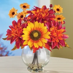 Collections Etc Artificial Mums And Sunflower Centerpiece With Glass Vase 10 X 10 X 11