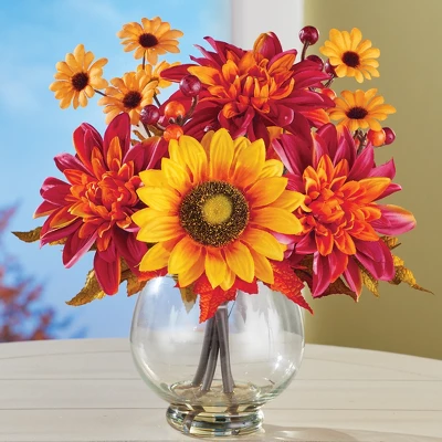 Collections Etc Artificial Mums And Sunflower Centerpiece With Glass Vase 10 X 10 X 11 3 Collections Etc Artificial Mums And Sunflower Centerpiece With Glass Vase 10 X 10 X 11
