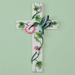Collections Etc Hand-Painted Hanging Hummingbird Wall Cross Decor 7.5" X 0.81" X 12.25"