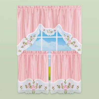 Collections Etc Rose Trim Embroidered Rod Pocket Top Window Curtains 4 Collections Etc Rose Trim Embroidered Rod Pocket Top Window Curtains - Image 2
