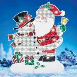 Collections Etc Festive LED Lighted Snowman And Santa Garden Stake