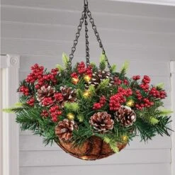 Collections Etc Lighted Faux Pine Arrangement Hanging Basket 12 X 12 X 17