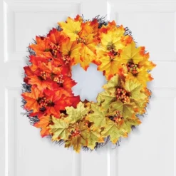 Collections Etc Colorful Fall Maple Leaves Door Wreath 18" X 5" X 18"