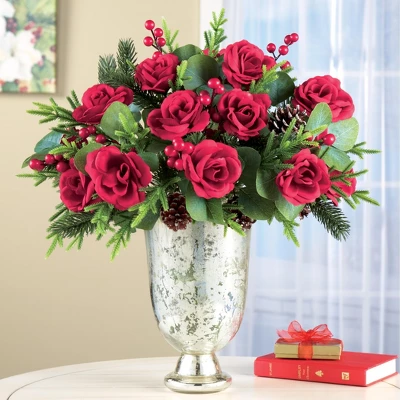 Collections Etc Artificial Holiday Red Rose Bush Arrangement - Set Of 3 12 X 12 X 13 4 Collections Etc Artificial Holiday Red Rose Bush Arrangement - Set Of 3 12 X 12 X 13 - Image 2