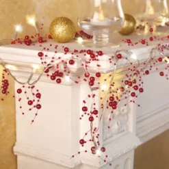 Collections Etc Lighted Berry-Beaded Holiday Garland