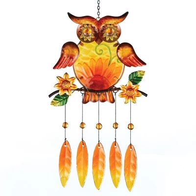 Collections Etc Autumn Glass Owl And Leaves Wind Chime 3 Collections Etc Autumn Glass Owl And Leaves Wind Chime