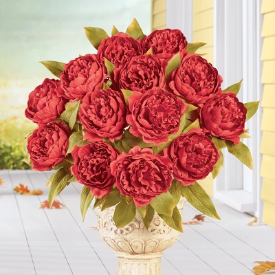 Collections Etc Artificial Autumn Peony Bushes - Set Of 3 3 Collections Etc Artificial Autumn Peony Bushes - Set Of 3