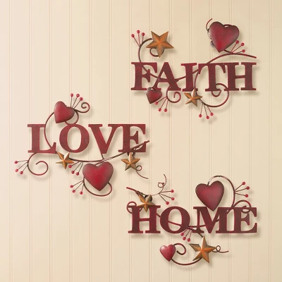 Collections Etc Metal Home, Love And Faith Wall Art 11" X 1" X 11.5" 3 Collections Etc Metal Home, Love And Faith Wall Art 11" X 1" X 11.5"