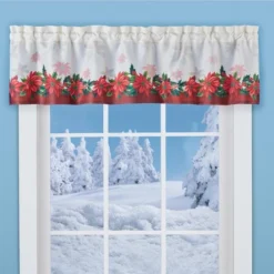 Collections Etc Poinsettias & Holly Cream Colored Curtain Valance