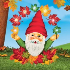 Collections Etc Garden Gnome In Solar Powered Fall Leaves Stake 14.25 X 3.5 X 23.75