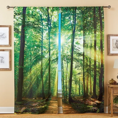 Collections Etc Forest Sunshine Scene Window Drapes - Set Of 2 Green 3 Collections Etc Forest Sunshine Scene Window Drapes - Set Of 2 Green