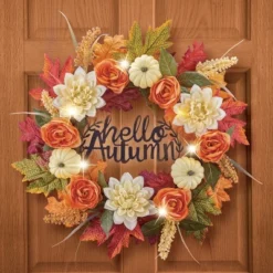 Collections Etc Metal Hello Autumn Sign LED Lighted Fall Wreath 19" X 4.5" X 19"
